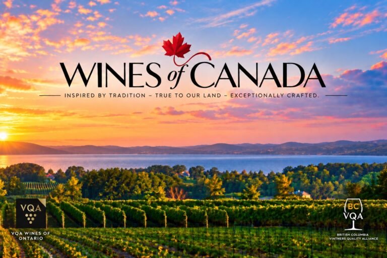 Wines of Canada vineyard at sunset with VQA Ontario and BC VQA logos